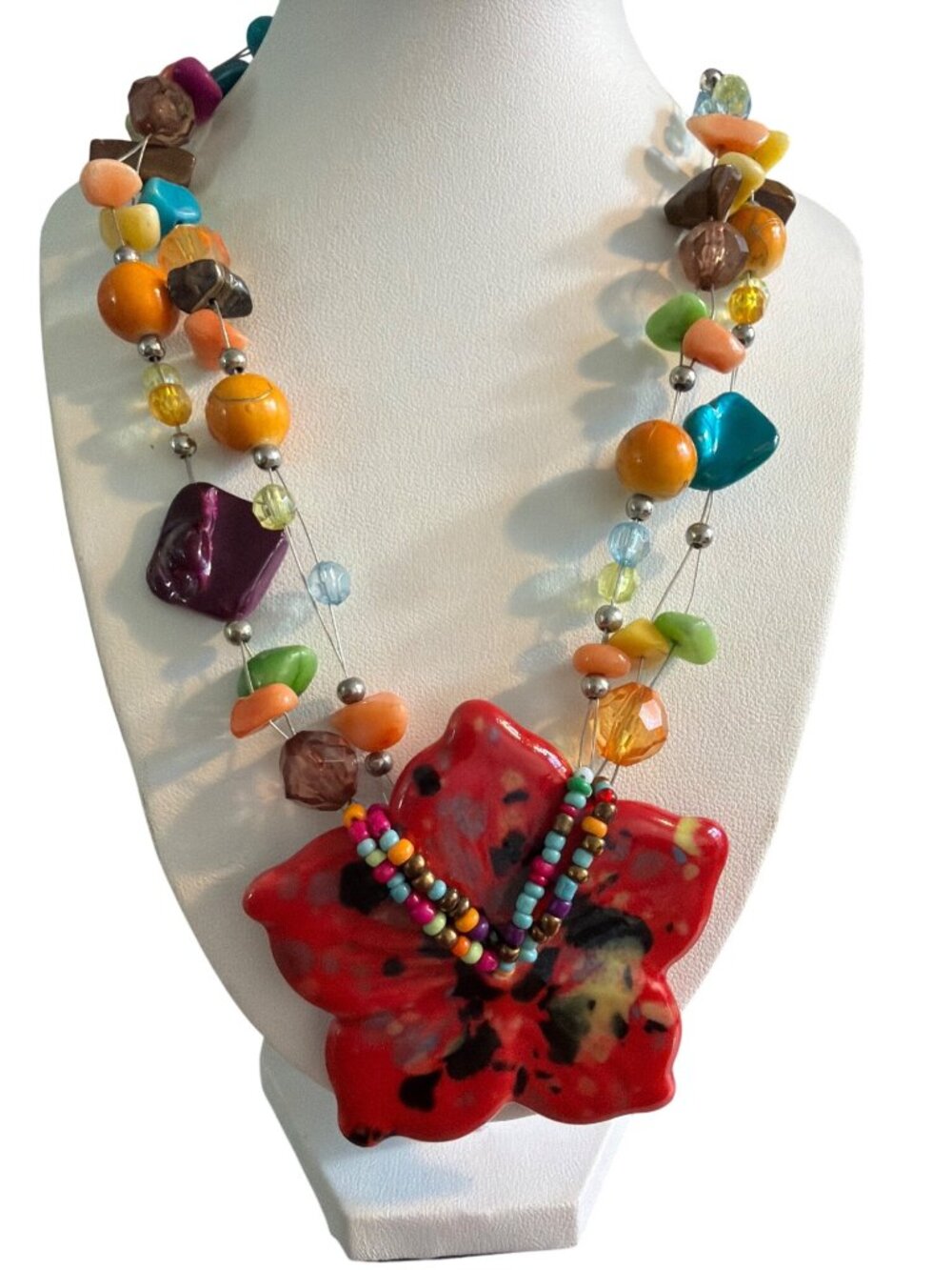 Illusion Ceramic Flower Pendant Necklace Glass Shell Double Strand Adj 18" Boho
